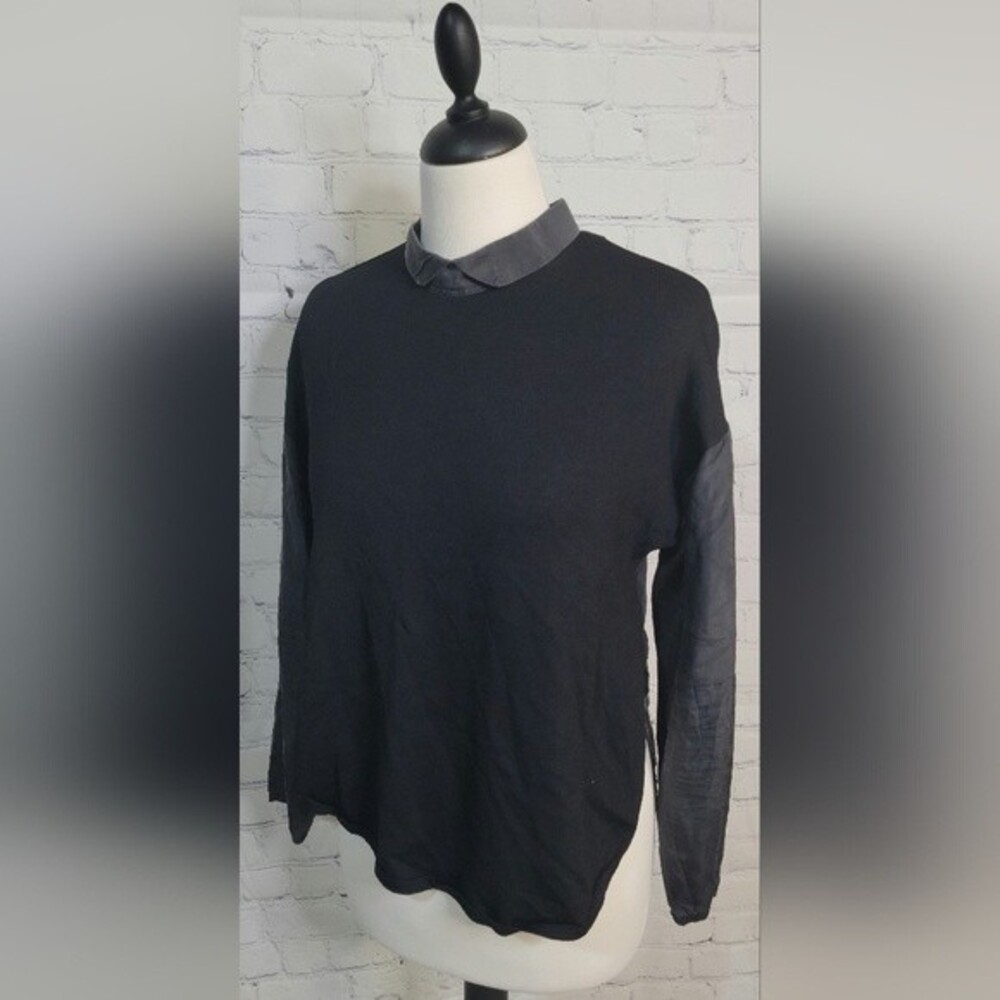 ZARA KNIT Black Long Sleeve Sz M Contrast Split-side Hem Silk Blend Keyhole Back